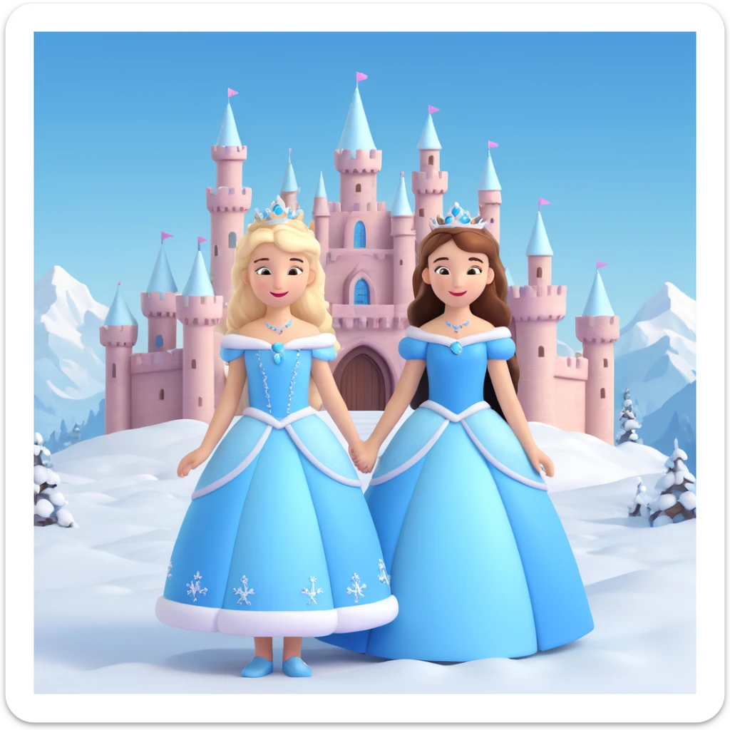 girls in a  snow princess dress, snow castle background sticker