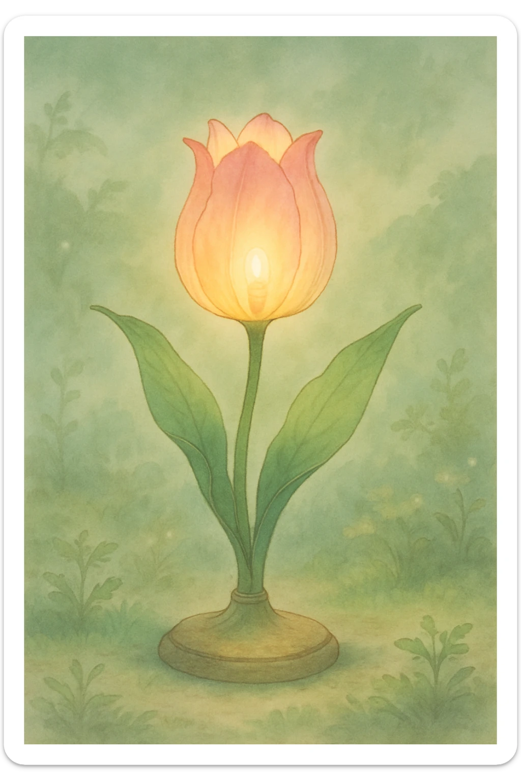 a lamp made out of a tulip flower, the bulb in the flower, natural colors, soft, fairy-like atmosphere,  sticker