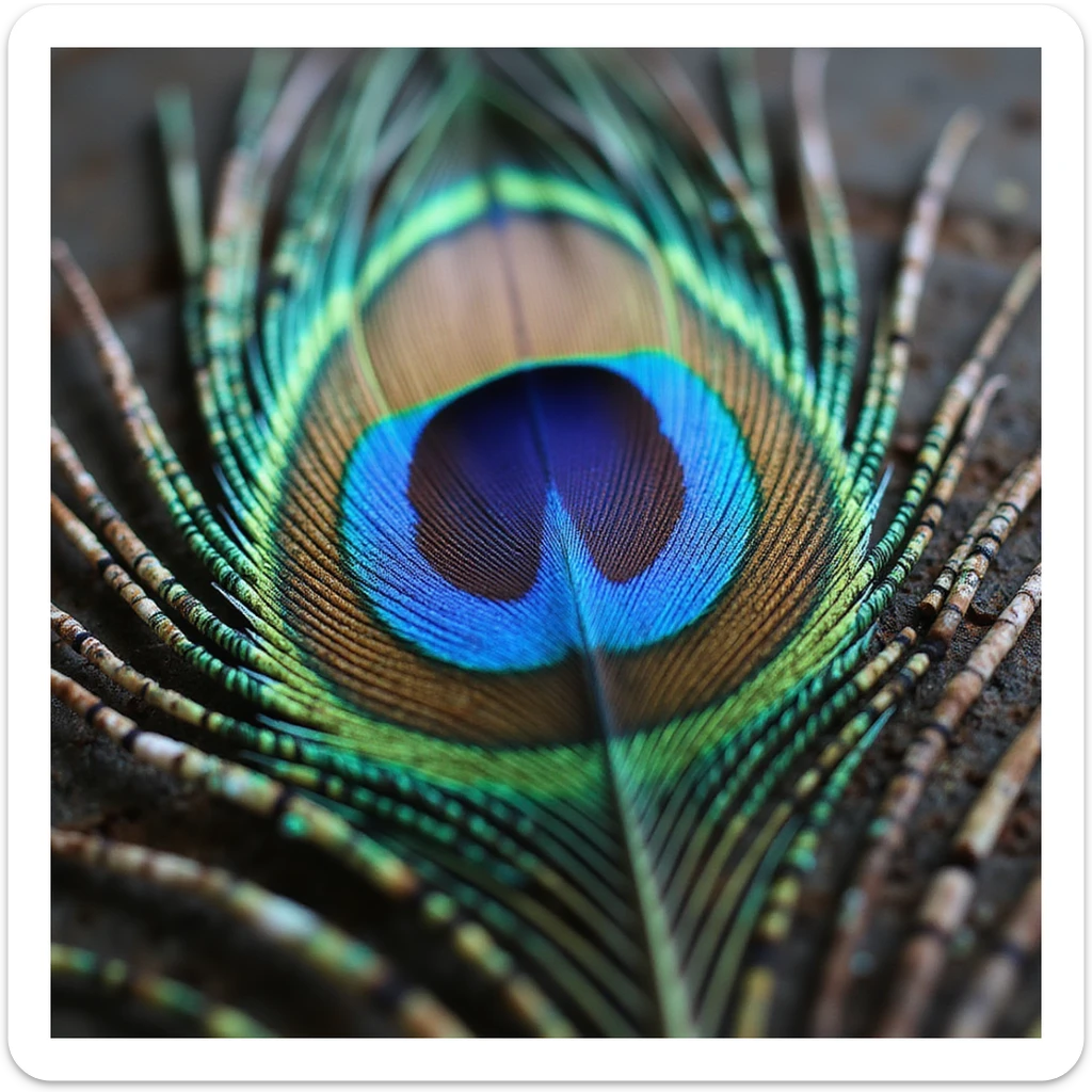 peacock feather, highly realistic, intricate details, vibrant iridescent colors, natural texture sticker