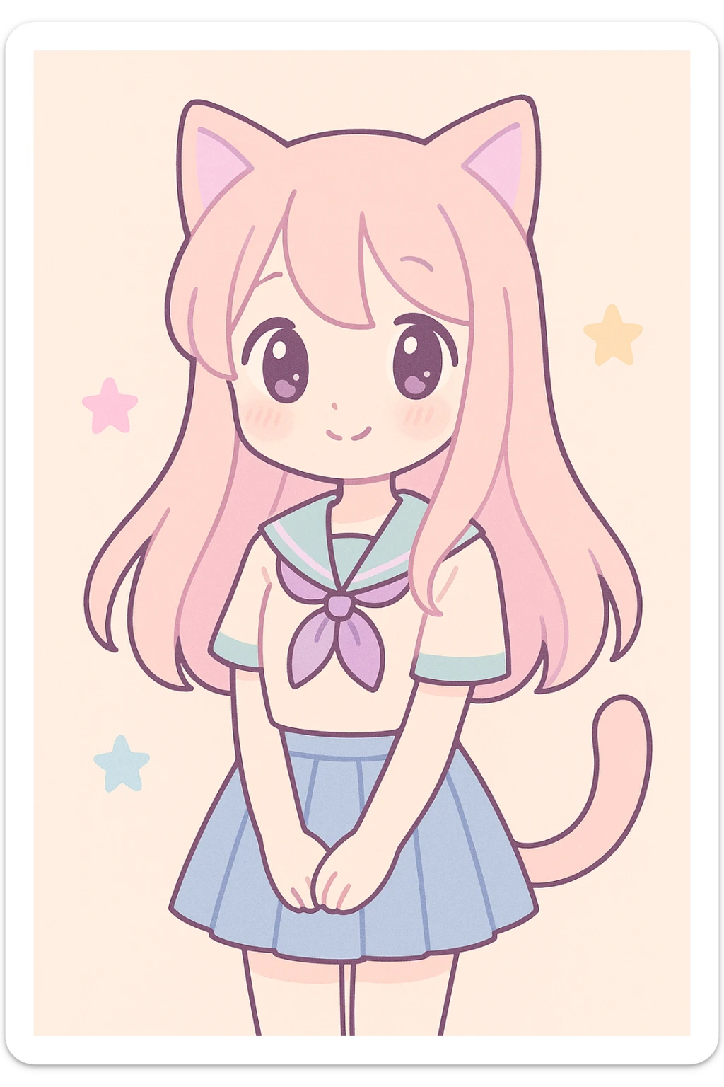 cute anime cat girl, long flowing hair, shy smile, cat tail, school uniform, soft lighting sticker