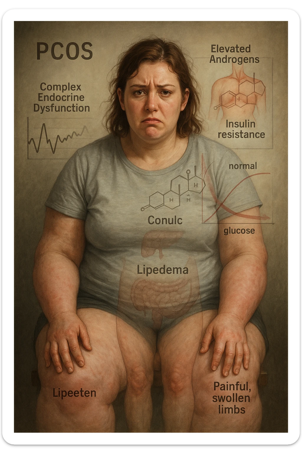 cinematic realistic in italiano Woman with PCOS struggling with hormonal chaos, transparent overlay showing elevated androgens and insulin resistance affecting her body, lipedema causing disproportionate fat accumulation in legs and arms despite normal torso, expression of frustration with unexplained weight gain, medical charts showing complex endocrine dysfunction, painful swollen limbs contrasting with metabolic confusion scrivi in italiano sticker