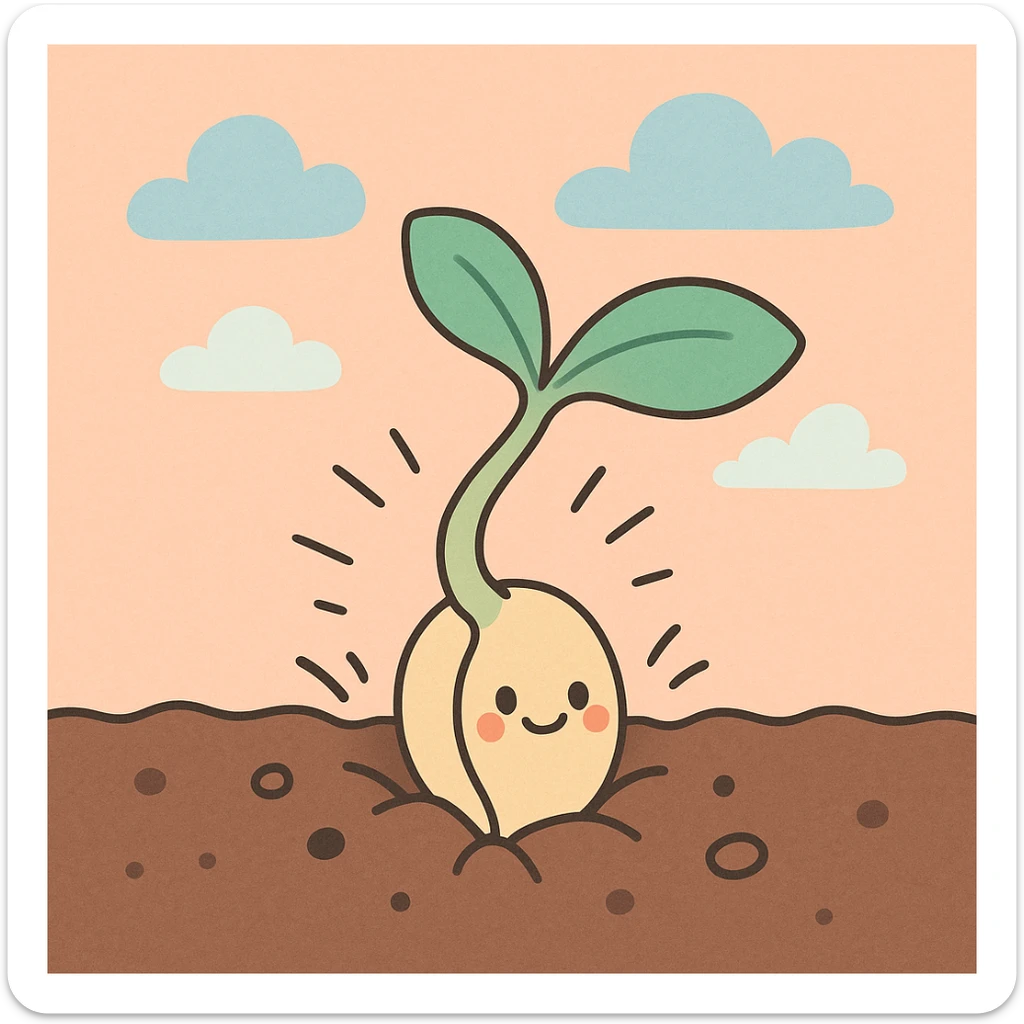 the concept of life, depicted as a sprouting seed breaking through soil, soft pastel style sticker