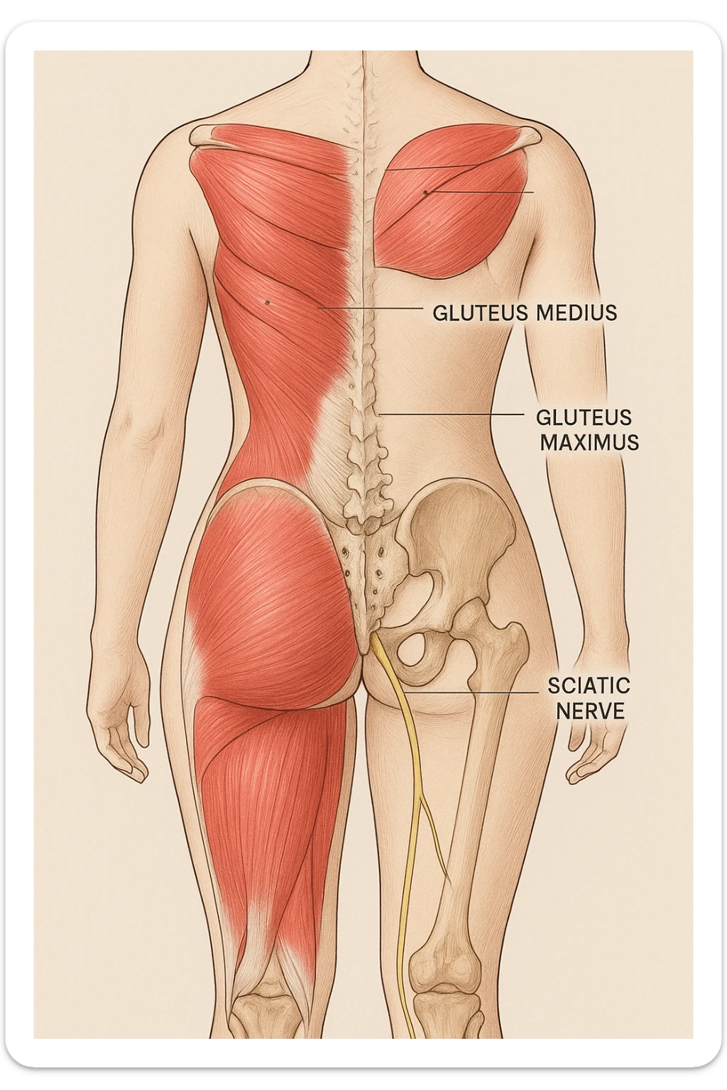 Anatomical view of the female gluteus with highlighted muscles, pelvic bones, and sciatic nerve, inspired by the reference photo. Medical style with a neutral background. sticker