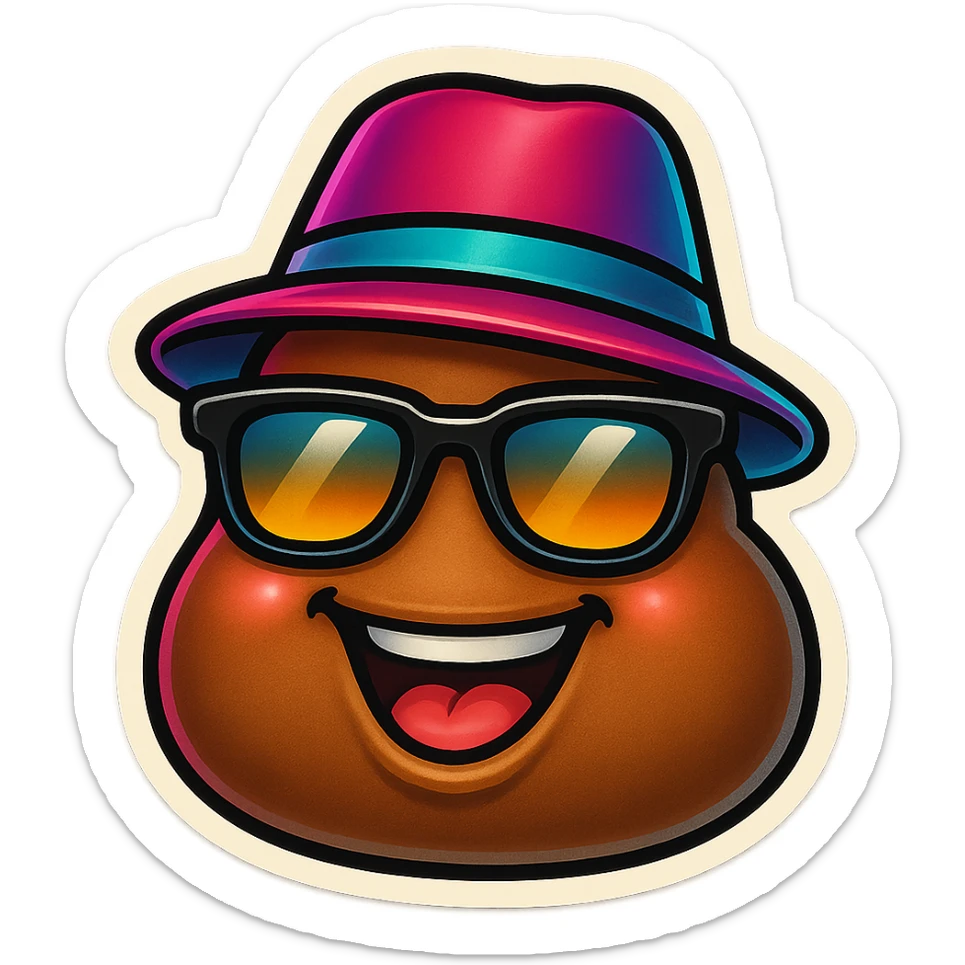 Add trendy sunglasses and a trendy hat to the smiling poop character, keep it cool with no background. sticker