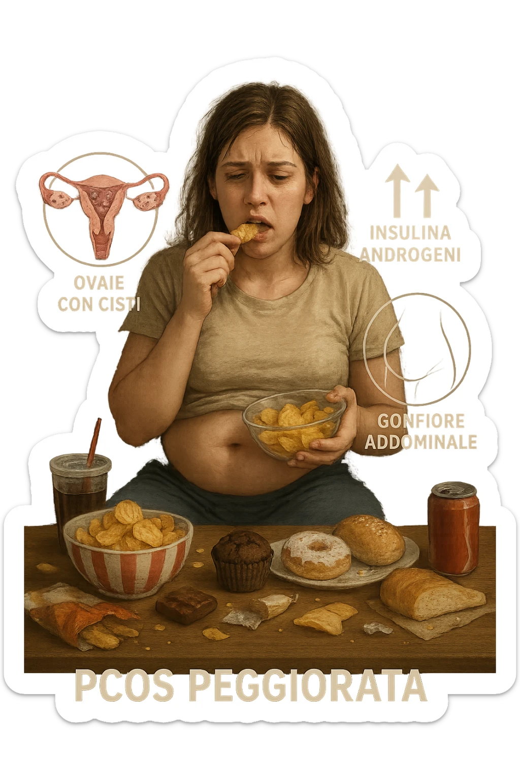 Donna tra i 25 e i 35 anni seduta sul divano o a un tavolo disordinato, circondata da cibi sparsi e poco sani: patatine, dolci, pane bianco, snack confezionati, bibite. Mangiando di fretta, ha un’espressione stanca e frustrata. Intorno a lei, in trasparenza o come illustrazione simbolica, si vedono gli effetti della PCOS peggiorata: ovaie con cisti multiple, squilibrio ormonale (↑ insulina, ↑ androgeni), gonfiore addominale. Sullo sfondo, orologio che corre o caos visivo che comunica disorganizzazione alimentare. Colori spenti e atmosfera stanca. Stile realistico con elementi simbolici e informativi. in italiano sticker