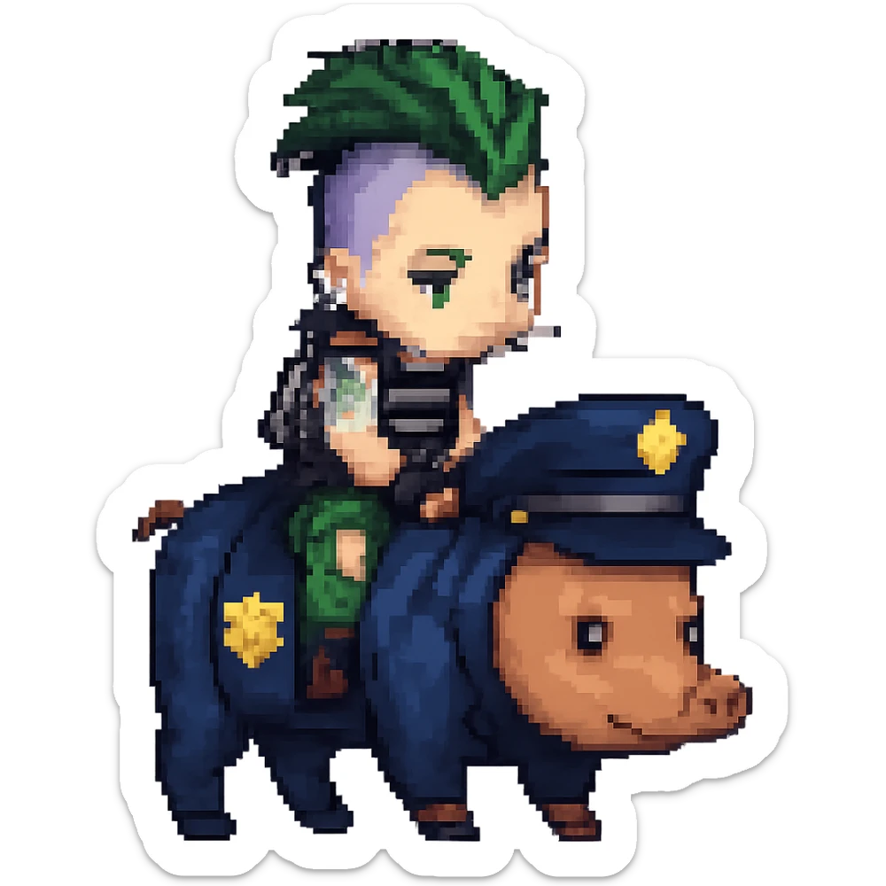 Make the wild pig appear as a police officer, keeping the pixel art style, with no background. sticker