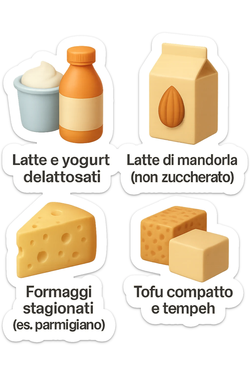 emoji stile iphone 3d di questi elementi che fluttuano in aria:

Latte e yogurt delattosati
Latte di mandorla (non zuccherato)
Latte di soia da proteine isolate
Formaggi stagionati (es. parmigiano)
Tofu compatto e tempeh
 che fluttuano in aria,  le etichette scrivile in italiano, iperealistico 4k sticker