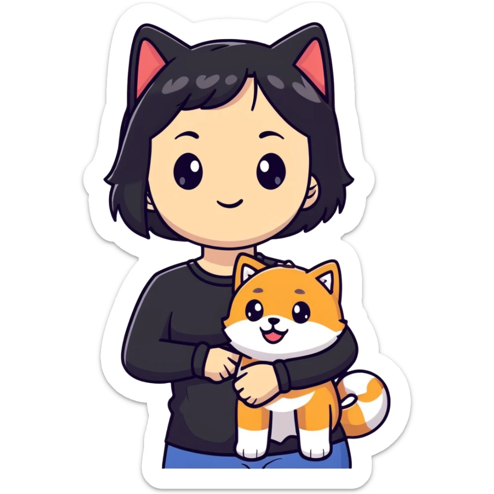 girl with black shoulder-length hair wearing a black tight-fitting top with a calico cat with white mouth and a shiba inu dog sticker