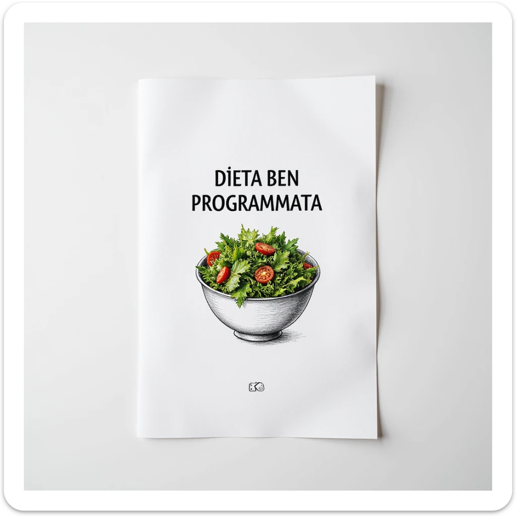 top view of a white sheet of paper, hyperrealistic 4K, with an illustrated bowl of salad and the text 'DIETA BEN PROGRAMMATA', variation 10, no background sticker