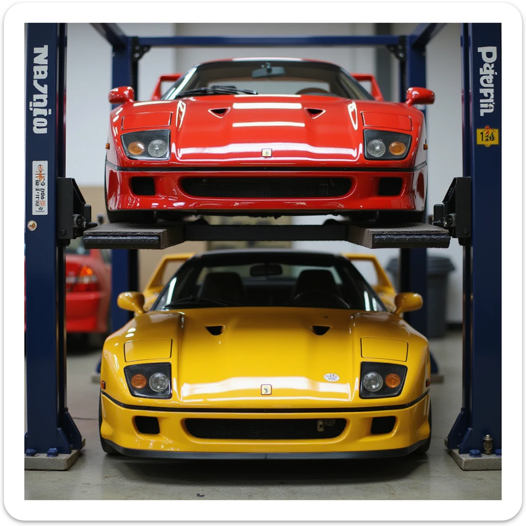 realistic front view of a Ferrari F40 on a car lift above a yellow Porsche GT3 RS, clean details, transparent background sticker