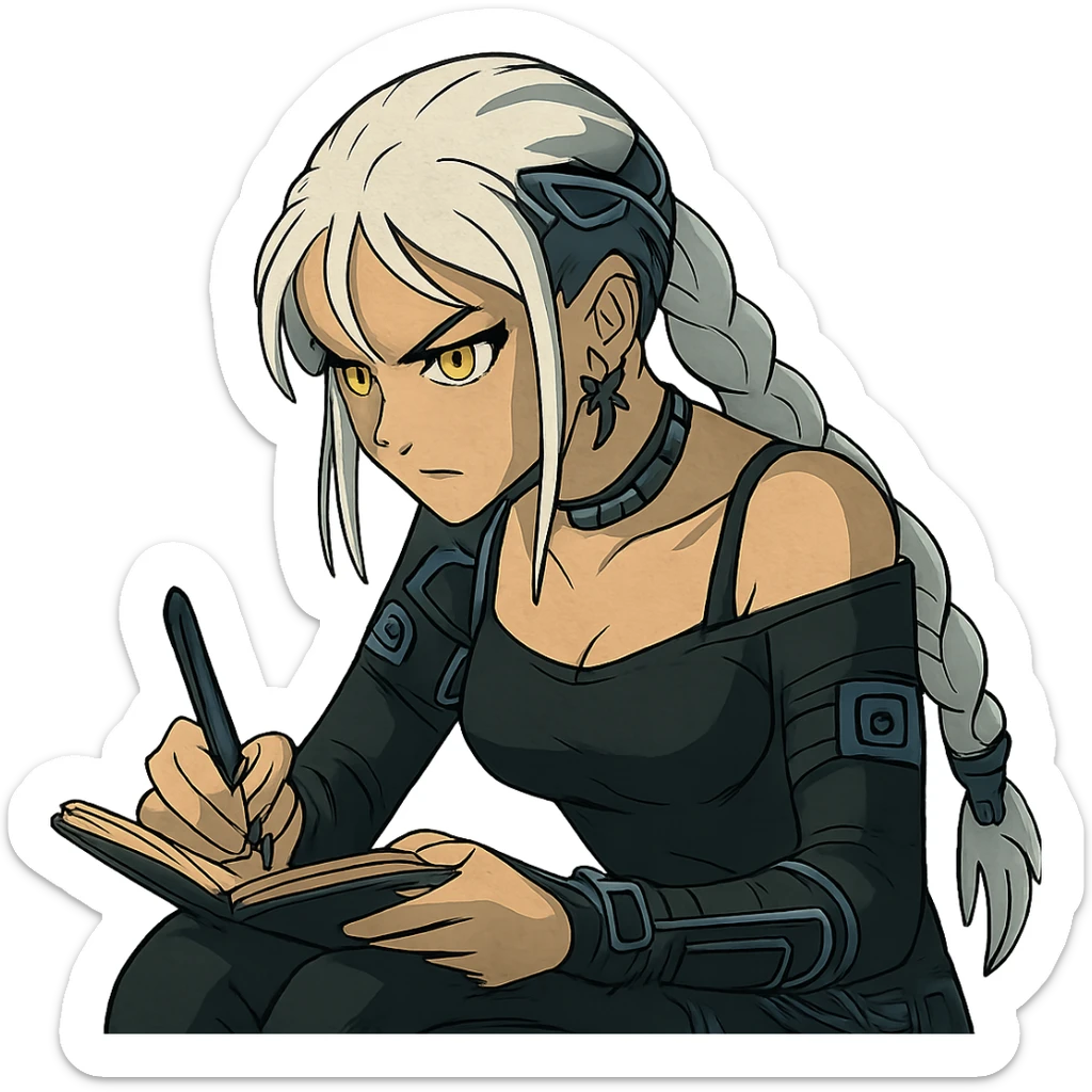  she is scribbling furiously in a notebook, a closeup portrait of young woman with gold yellow eyes, white hair, long braid, black off-shoulder top d-cup, punk gothic style, futuristic cyberwave cyberpunk, sitting position
 sticker