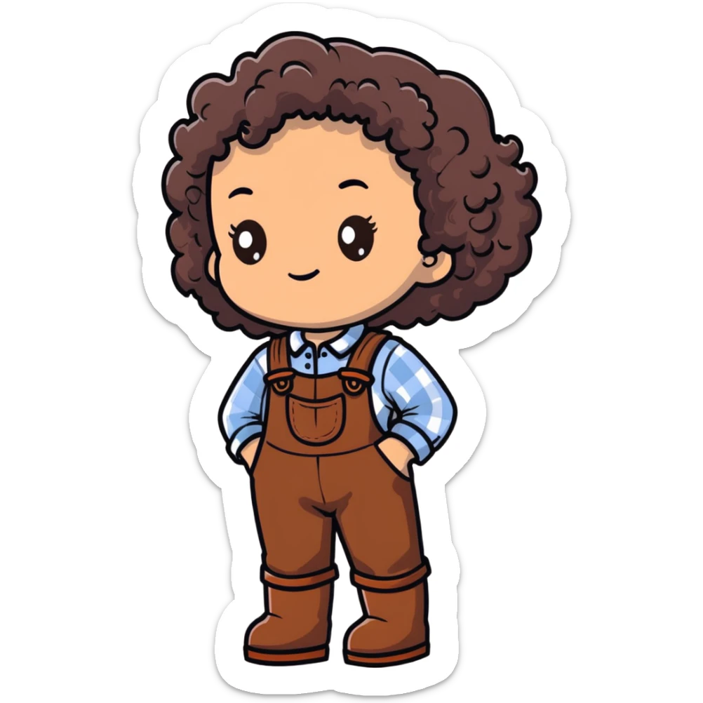 white girl with very curly dark brown hair, brown eyes, wearing farm clothes sticker