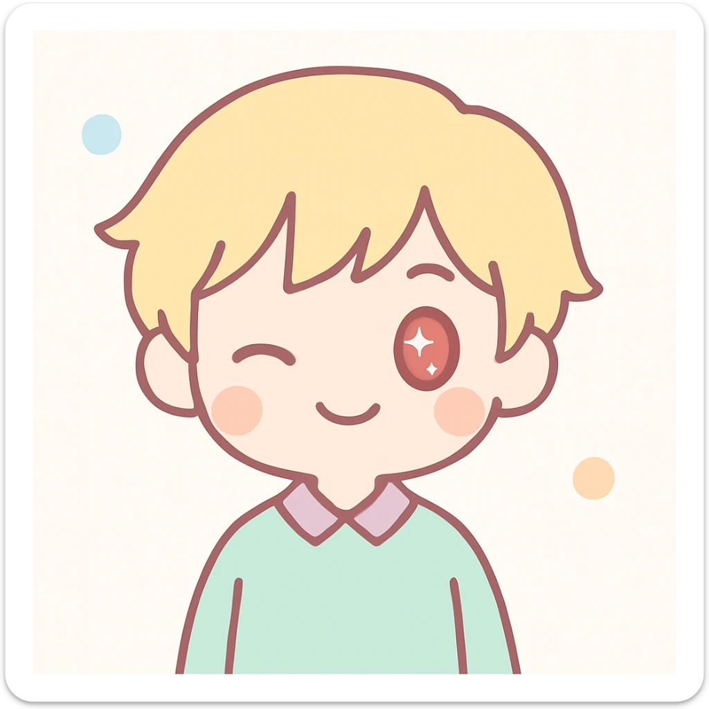 Make the Japanese man with red eyes and blond hair wink, smiling, in kawaii style. sticker