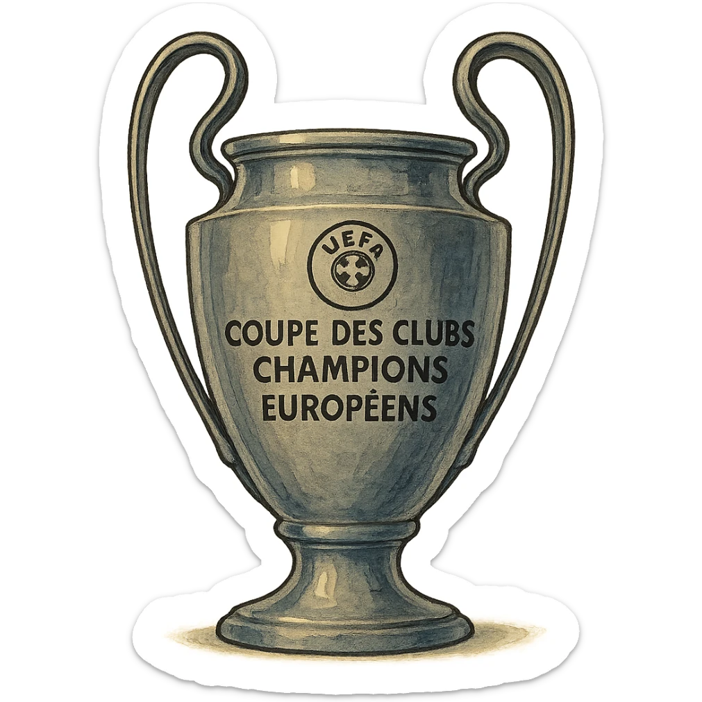 Add the UEFA logo and the text 'COUPE DES CLUBS CHAMPIONS EUROPÉENS' to the trophy, keeping the style detailed and elegant. sticker