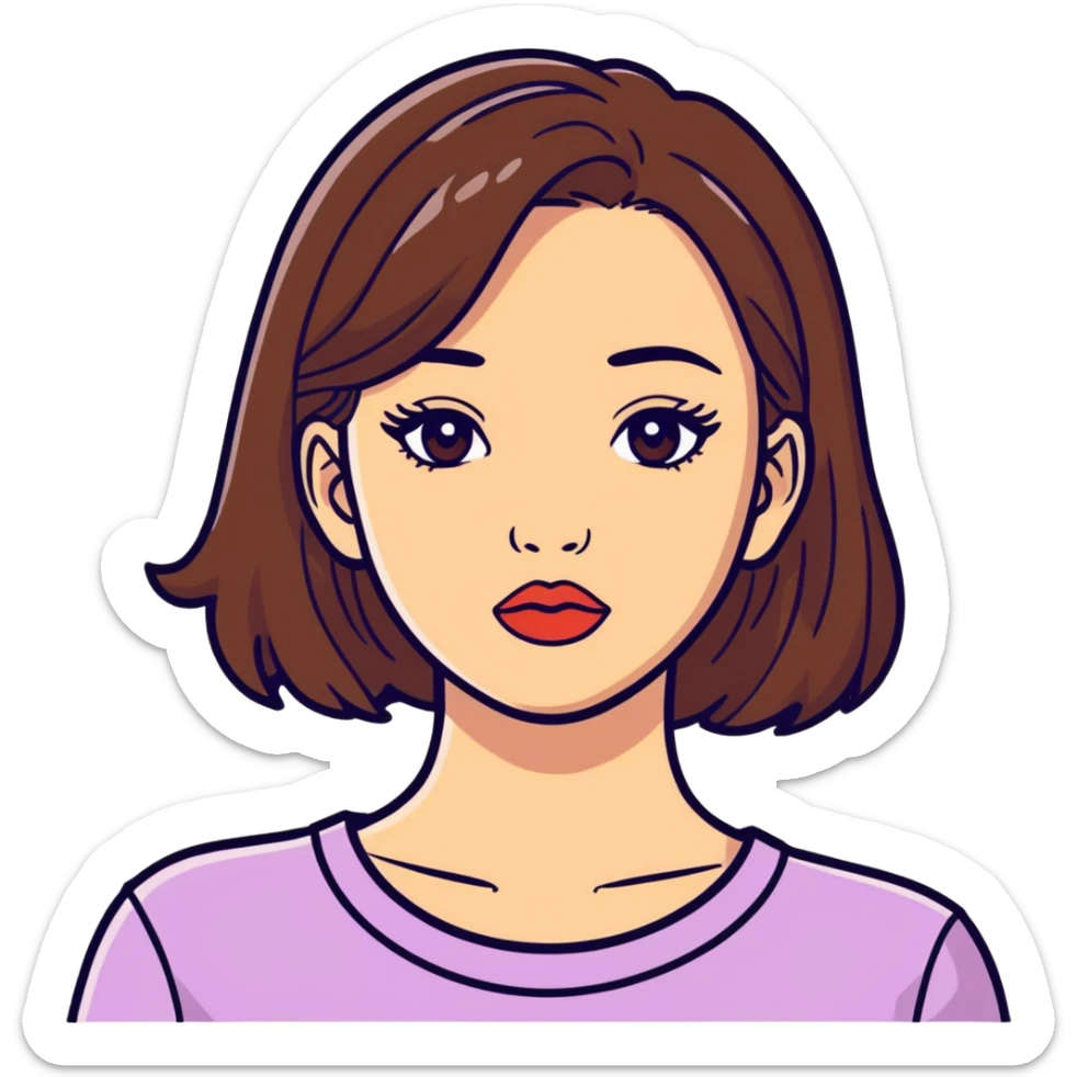 Girl, slightly round face with medium sized lips and brown hair down to her shoulders that have highlights at the top sticker