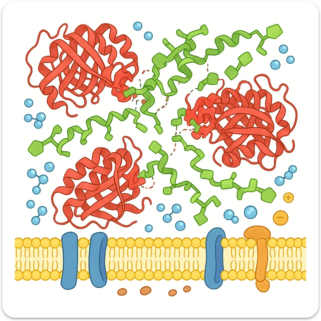 Ultra-realistic scientific illustration of enzymatic starch digestion at the cellular level, rendered in textbook-accurate detail. Show:

Multiple amylase enzyme molecules (red, with clear tertiary structure showing alpha-helices and beta-sheets) actively cleaving
Starch polymers (green amylose/amylopectin with accurate glucose unit linkages - α(1→4) and α(1→6) branches)
Cell membrane segment (yellow phospholipid bilayer with integral proteins and cholesterol molecules)
Reaction environment (blue water molecules, ionic interactions, pH-sensitive groups)
Molecular interactions (hydrogen bonds, substrate-enzyme transition state, electron cloud textures)
Technical Specifications:

Background: Pure white (#FFFFFF)
Accuracy: PDB-level structural correctness (reference 1SMD for amylase)
Exclusions: No labels
Special Details to Include:

Catalytic triad (Asp197, Glu233, Asp300) in amylase active site
Starch helix distortion during hydrolysis
Membrane protein channels for glucose transport sticker