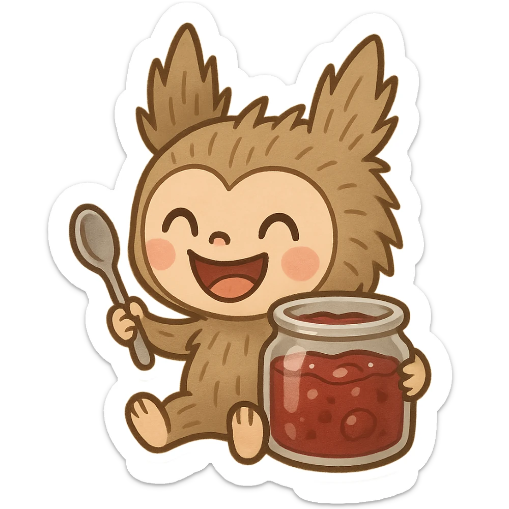 Labubu with a spoon, enjoying jam from a jar, playful and cheerful, cartoon style sticker