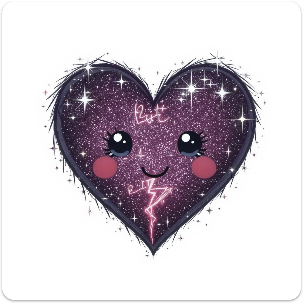 goth heart emoji, cute and shiny, with sparkles, no background sticker