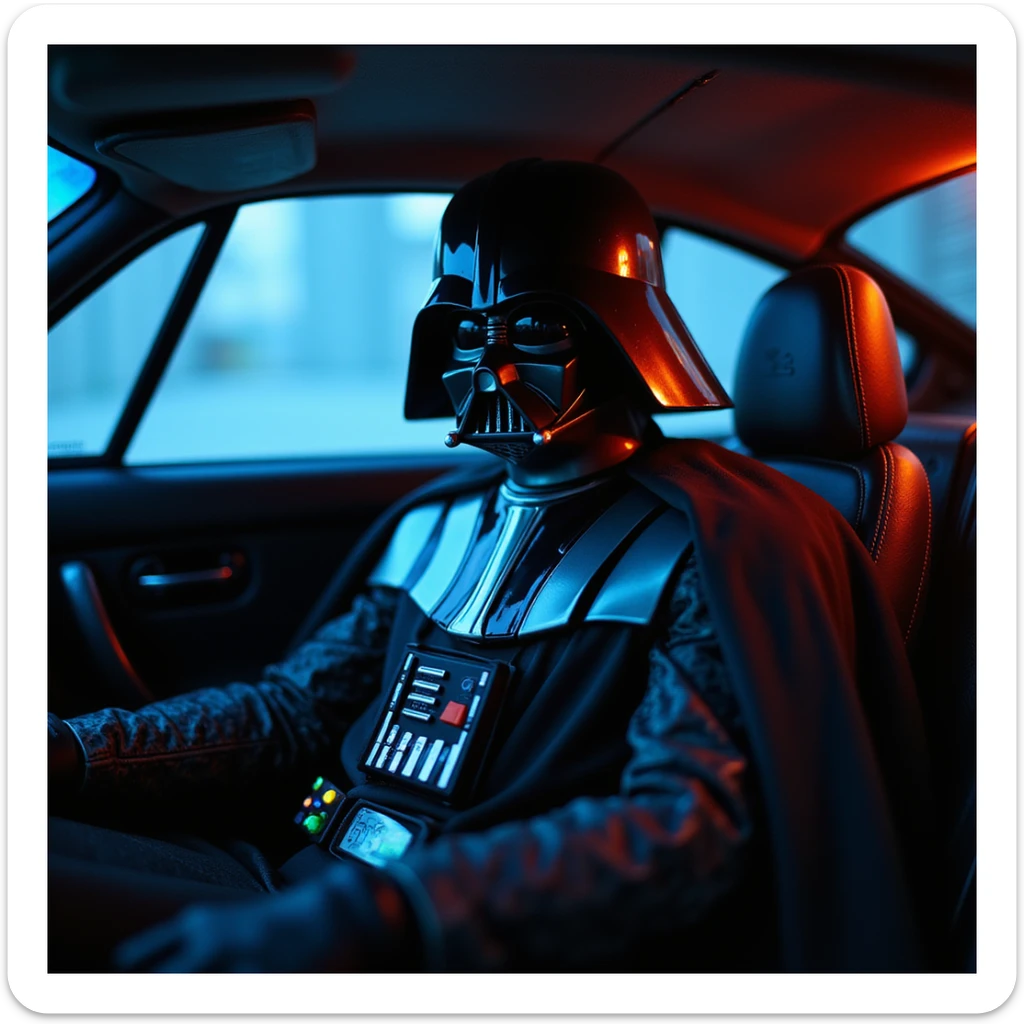 Cinematic shot of a Darth vader sitting in porsche 911, blue and orange lights  sticker