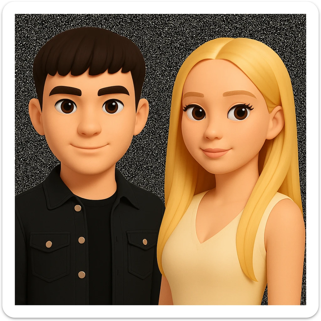 Slightly increase the volume of the upper body of the girl, separate the girl and the boy from each other, and make the skin color the same for both characters. Maintain the cartoonish 3D style as in the reference image. sticker