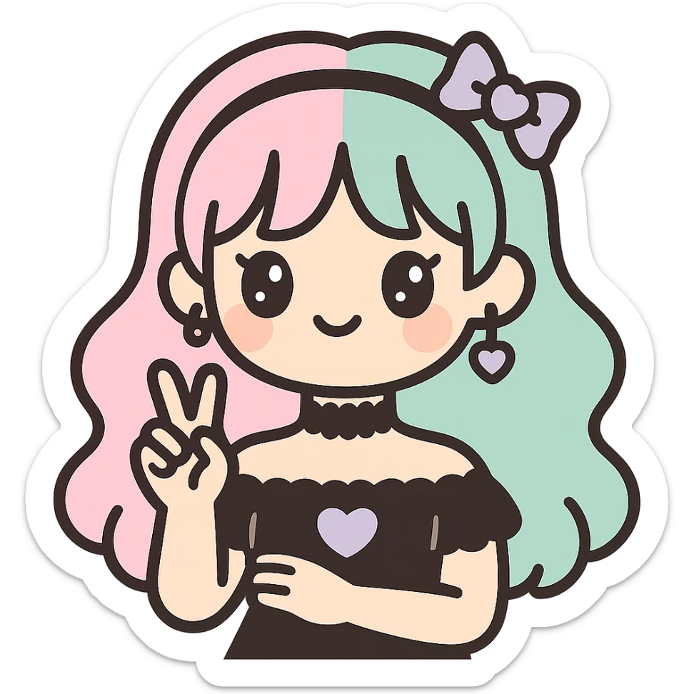 gothic K-pop girl with pastel hair, lace choker, soft colors, dreamy goth style, playful pose, kawaii accessories sticker