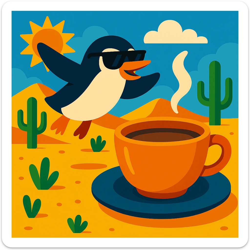 Add sunglasses to the penguin, keep the vibrant and playful style, flying in the desert next to a big cup of tea. sticker