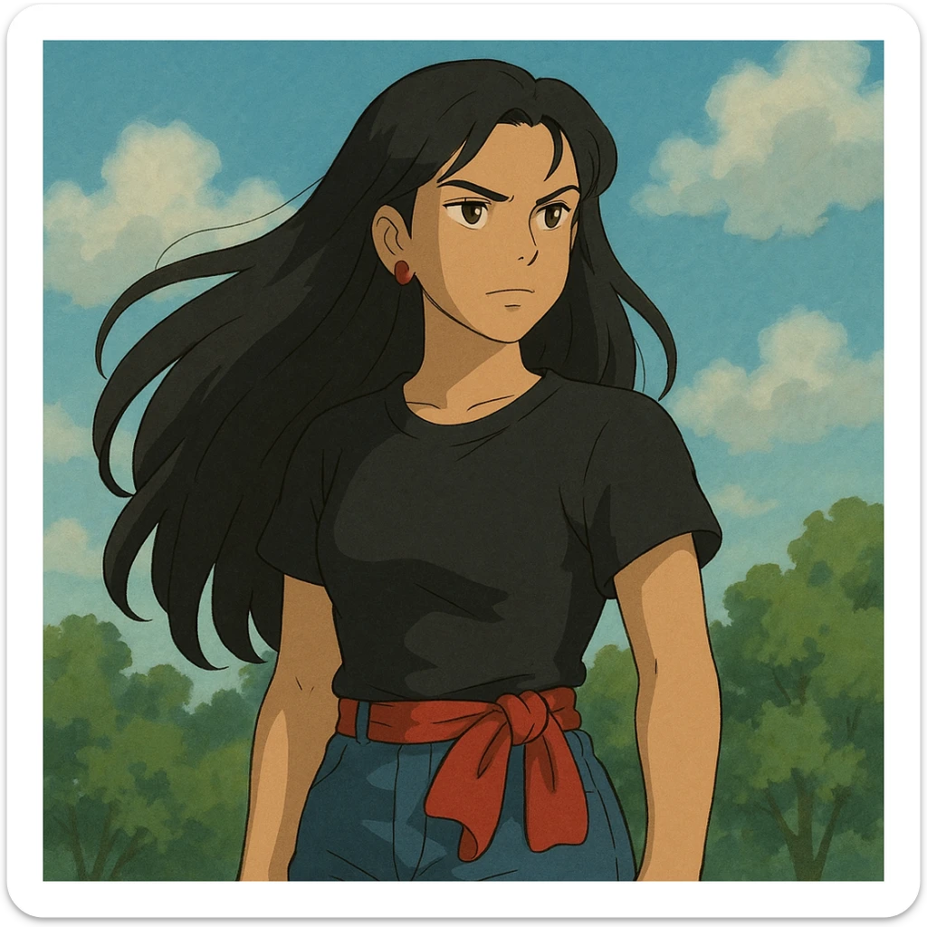 eres una chica de cabello largo hasta la cintura, con una textura ondulada-lacia, de color oscuro, que resalta con tu energía. Tu rostro tiene una expresión que refleja tu fuerza y determinación, pero también una serenidad que se puede notar. Tienes una figura que transmite seguridad, y aunque tu estilo es relajado, sabes cómo resaltar esa confianza.

Te gusta usar toques de rojo, como detalles en tu ropa o accesorios, siempre manteniendo un estilo que se adapta a tu energía, sin perder esa vibra única que tienes. Tu presencia tiene una mezcla de dulzura y poder, lo que hace que sea difícil no notar tu luz cuando estás en un lugar. sticker