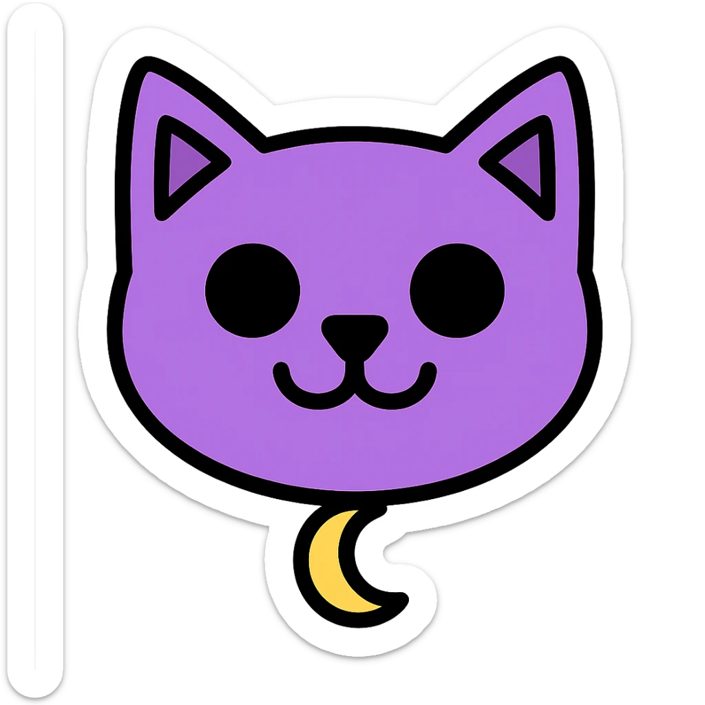 Create an image of just the head of a purple cat with large black eyes, a wide black smile with no teeth, and a visible gold moon pendant. The background should be removed, leaving only the cat's head and pendant visible. sticker