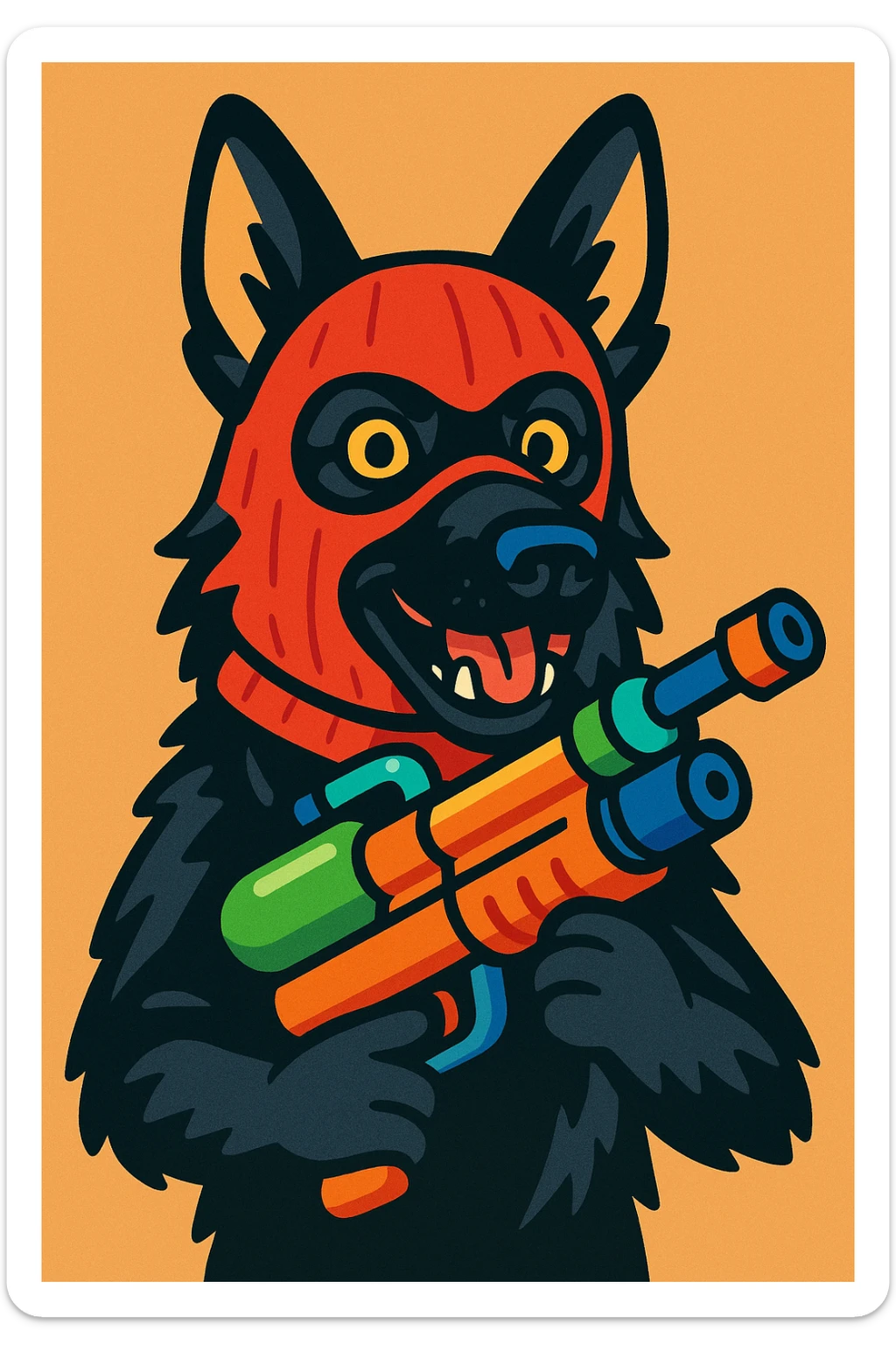 detailed and expressive black German Shepherd dog wearing a ski mask and holding a water gun sticker