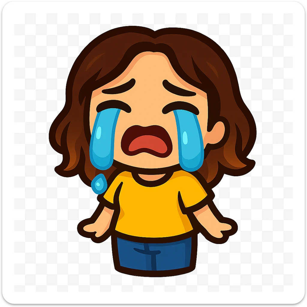 Create a chibi emote of a woman from the reference wearing a yellow t-shirt and jeans, crying with big tears, no headband, no wand, matching the attached green heart emote as a base, transparent background sticker