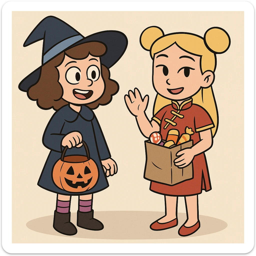 girl brown classic curls hair blue witch a witch costume purple stripes socks black boots girl yellow hair Chinese Girl Costume Red Oriental Dress red shoes some trick or treats  sticker