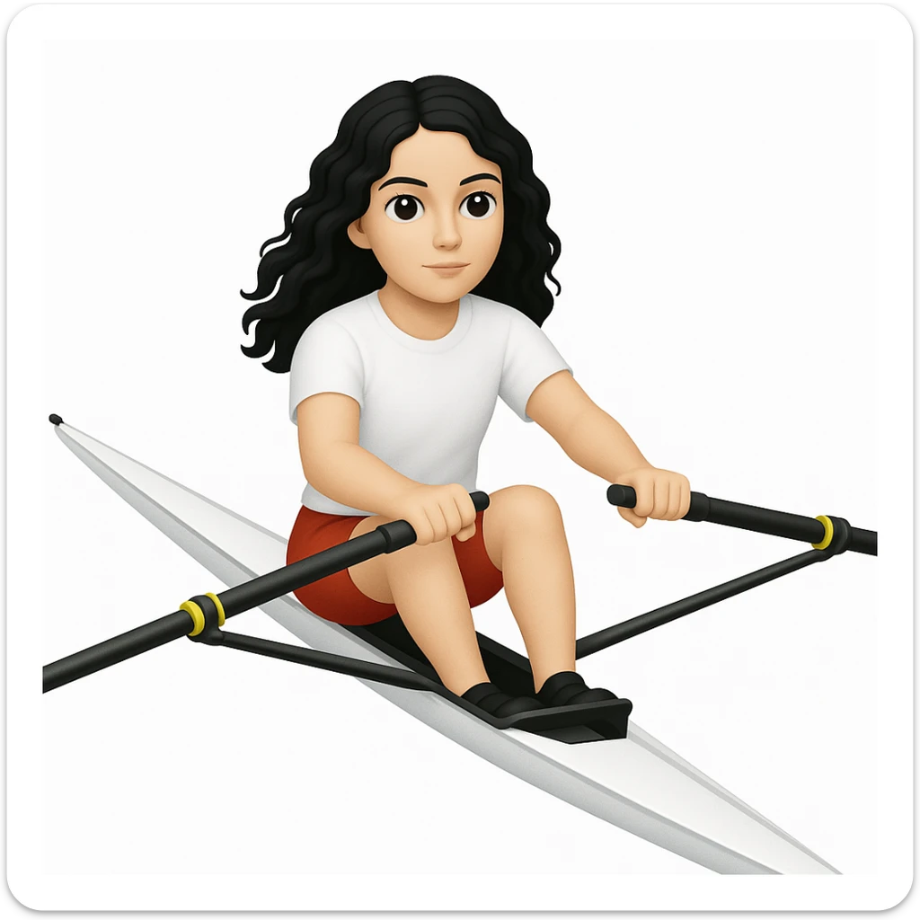 Altındaki tekneyi olimpik kürek sporu için uygun, uzun ve ince yarış teknesi olarak değiştir. Kız siyah uzun dalgalı saçlı, beyaz tenli, kırmızı şort ve beyaz kısa kollu tişörtle olimpik kürek sporu yapıyor sticker