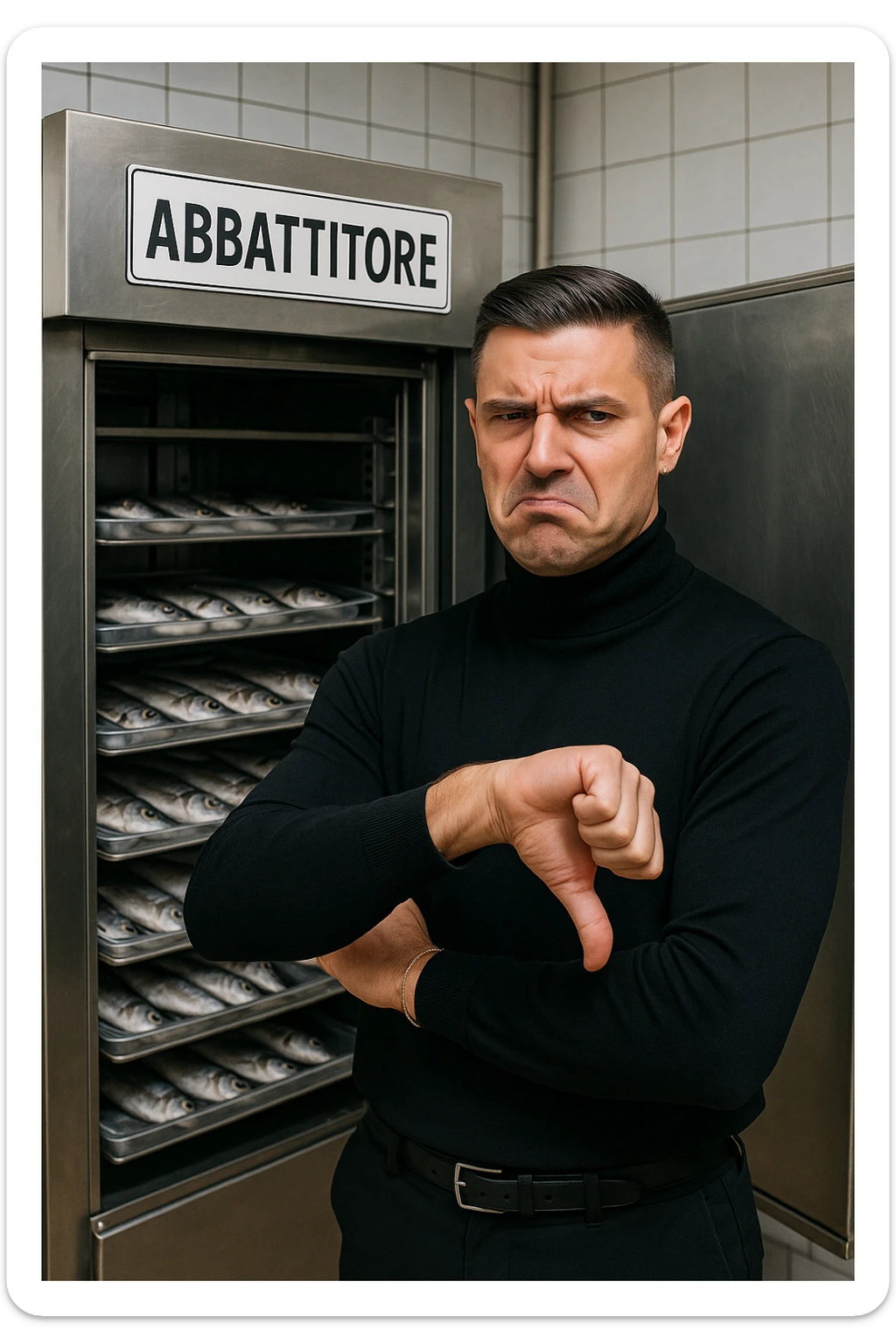 a man stands in front of a commercial fish blast freezer (abbattitore), arms crossed and a displeased, skeptical expression on his face. He shakes his head or gives a thumbs down, clearly rejecting the use of the freezer. The background shows a professional kitchen or fish processing area, with trays of fish ready for freezing. in italiano sticker