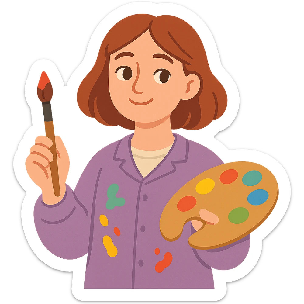 Serene female oil painter, Caucasian features, shoulder-length auburn hair, soft brown eyes, gentle smile, wearing a violet painter’s smock lightly stained with paint over a beige blouse, holding a wooden palette with vibrant colors in one hand and a brush in the other, waist-up, front-facing sticker