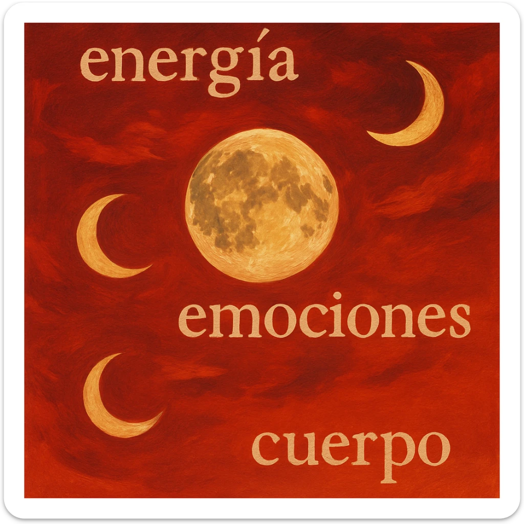 moon in motion in a red sky, with the words 'energía', 'emociones', 'cuerpo' integrated in the image, artistic illustration style sticker