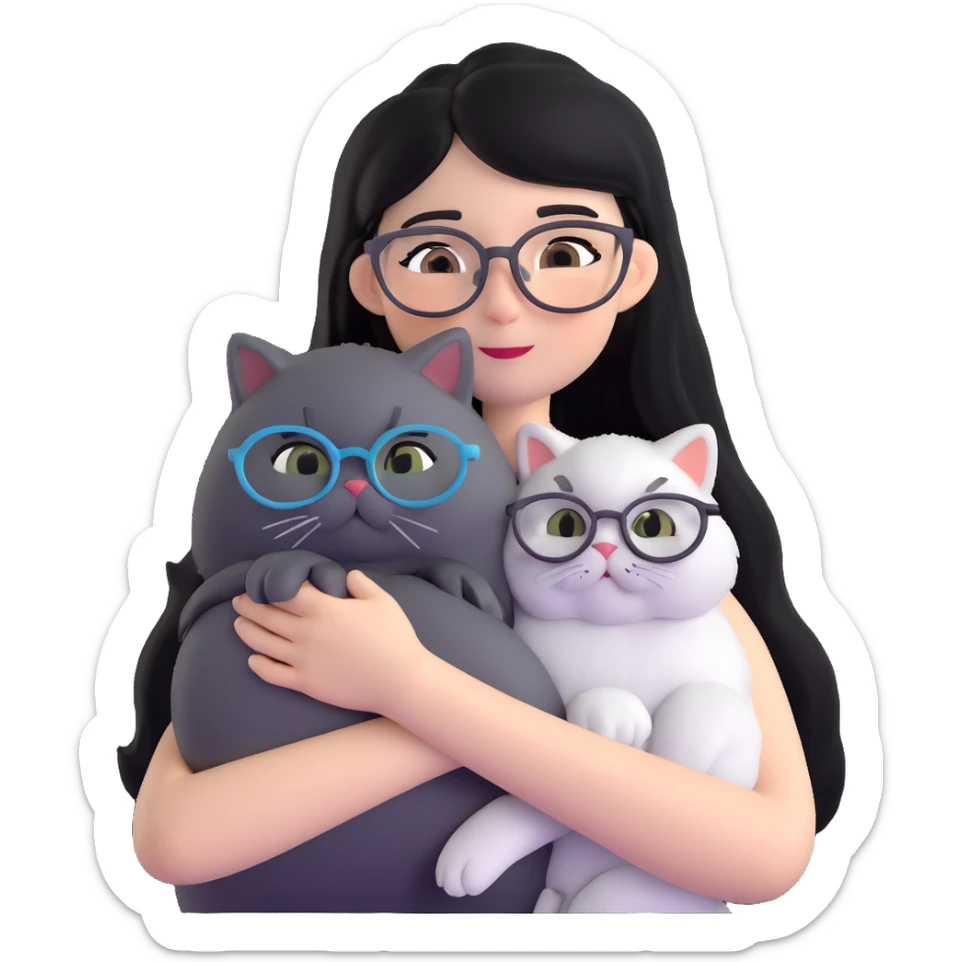 Skinny woman with oval glasses, long straight black hair, wearing white sleeveless top, hugging a grey Persian-Angora cat, plain background sticker
