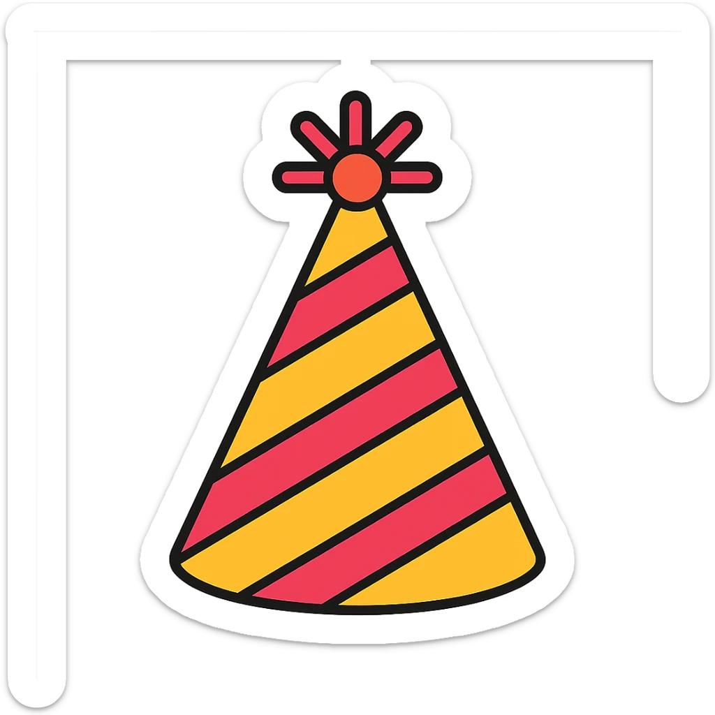 party hat, color outline icon style, playful, black outlines, colored fill sticker