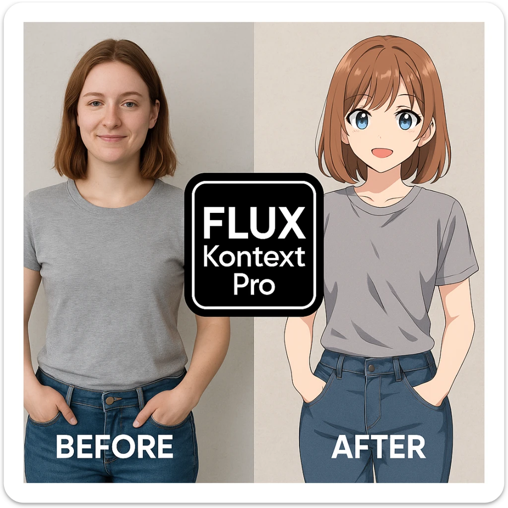 create before after image of a girl before is realsitic photo, after is anime version of her in same pose and clothes, add logo with text of a "FLUX Kontext Pro" sticker