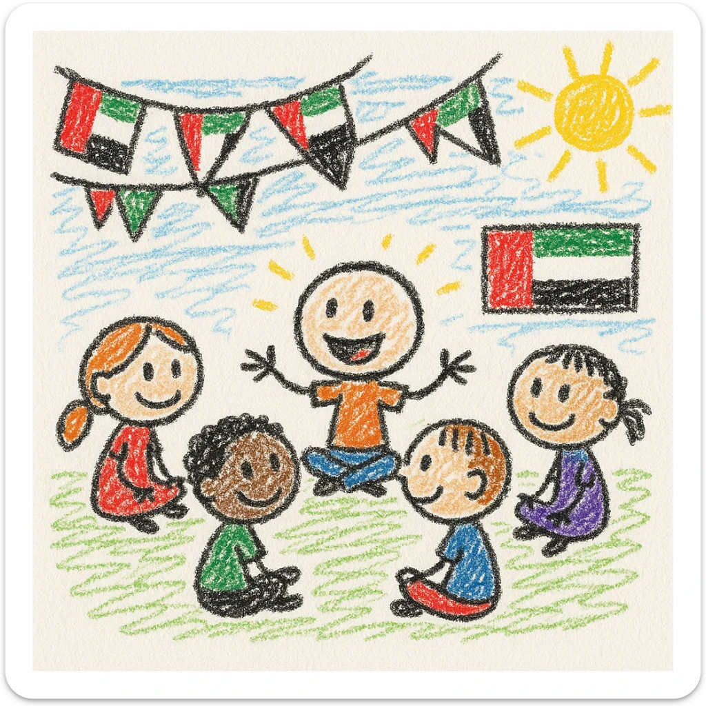 group of children in a circle on the classroom floor, one child sharing an idea, UAE flag colors in classroom decorations, fun and engaging for kids sticker