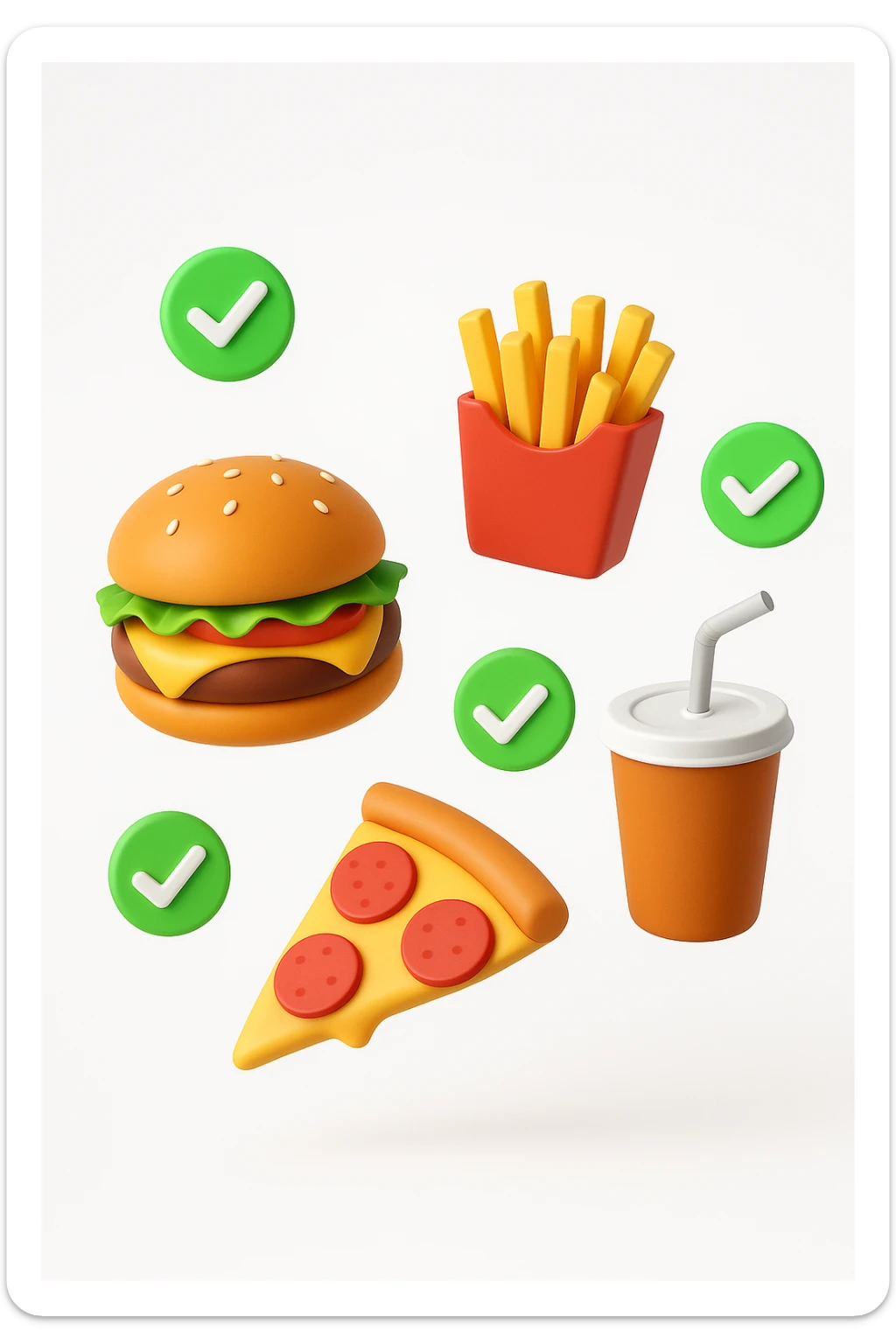 fast food fluttua in aria insieme a spunte di verificato in 3d, sfondo bianco sticker