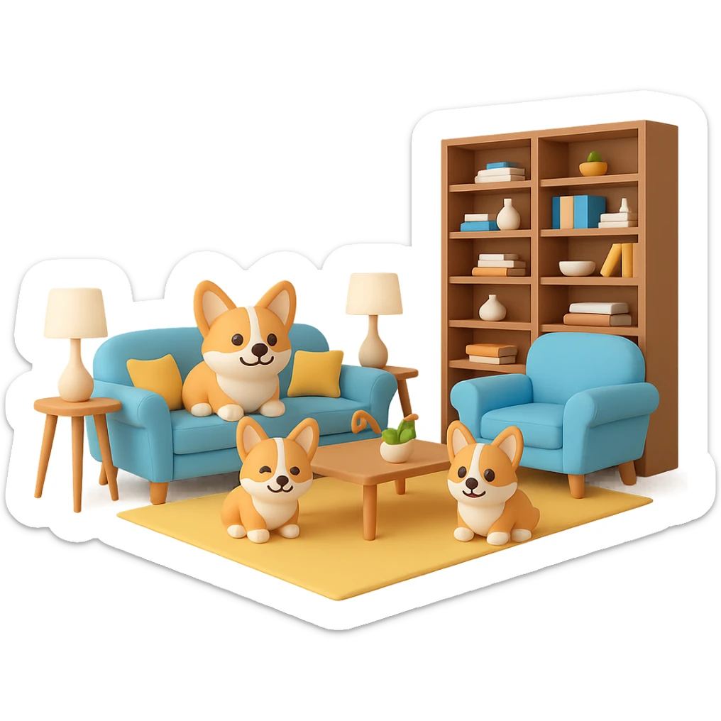Change the dog family to a corgi breed, keep the cozy living room scene, in the style of 3D emoji style, with no background. sticker