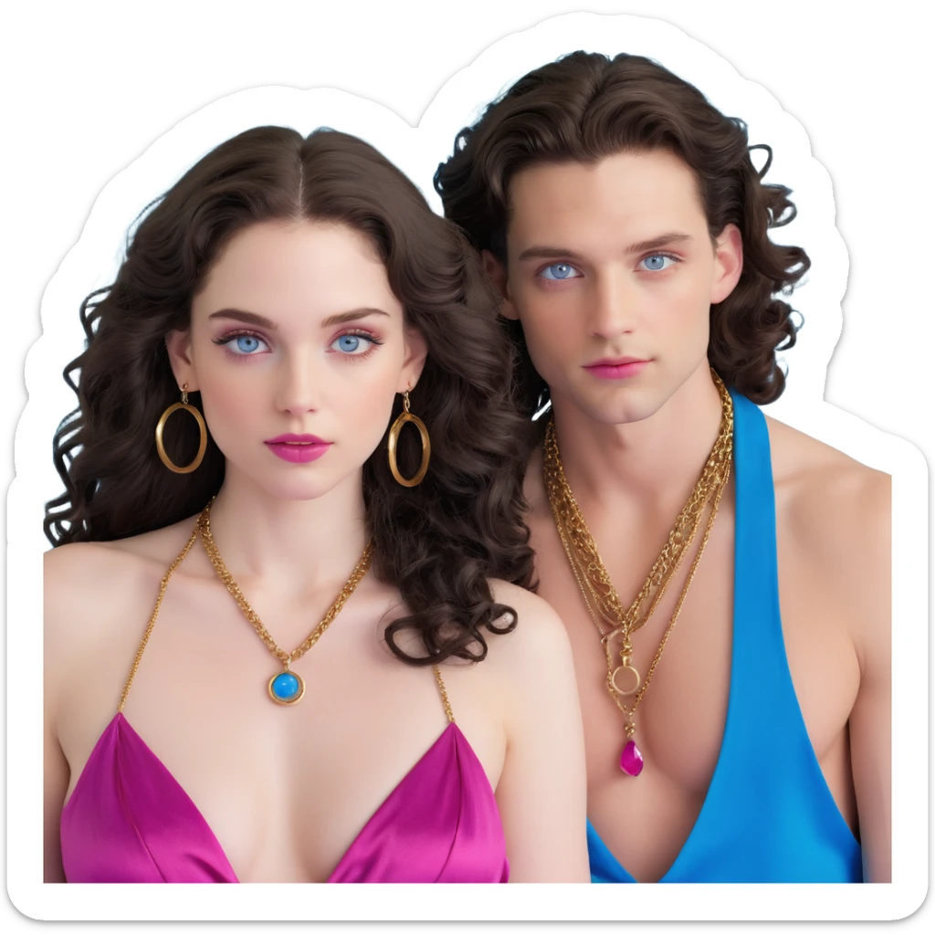 attractive couple with baddie energy, woman with big blue-grey eyes, long lashes, pale skin, pink lips, long voluminous dark brown curls, gold hoop earrings, revealing silky halter top next to handsome man with intense blue-grey eyes, chiseled features, pale skin, confident smirk, dark brown styled hair, gold chain, revealing open shirt sticker