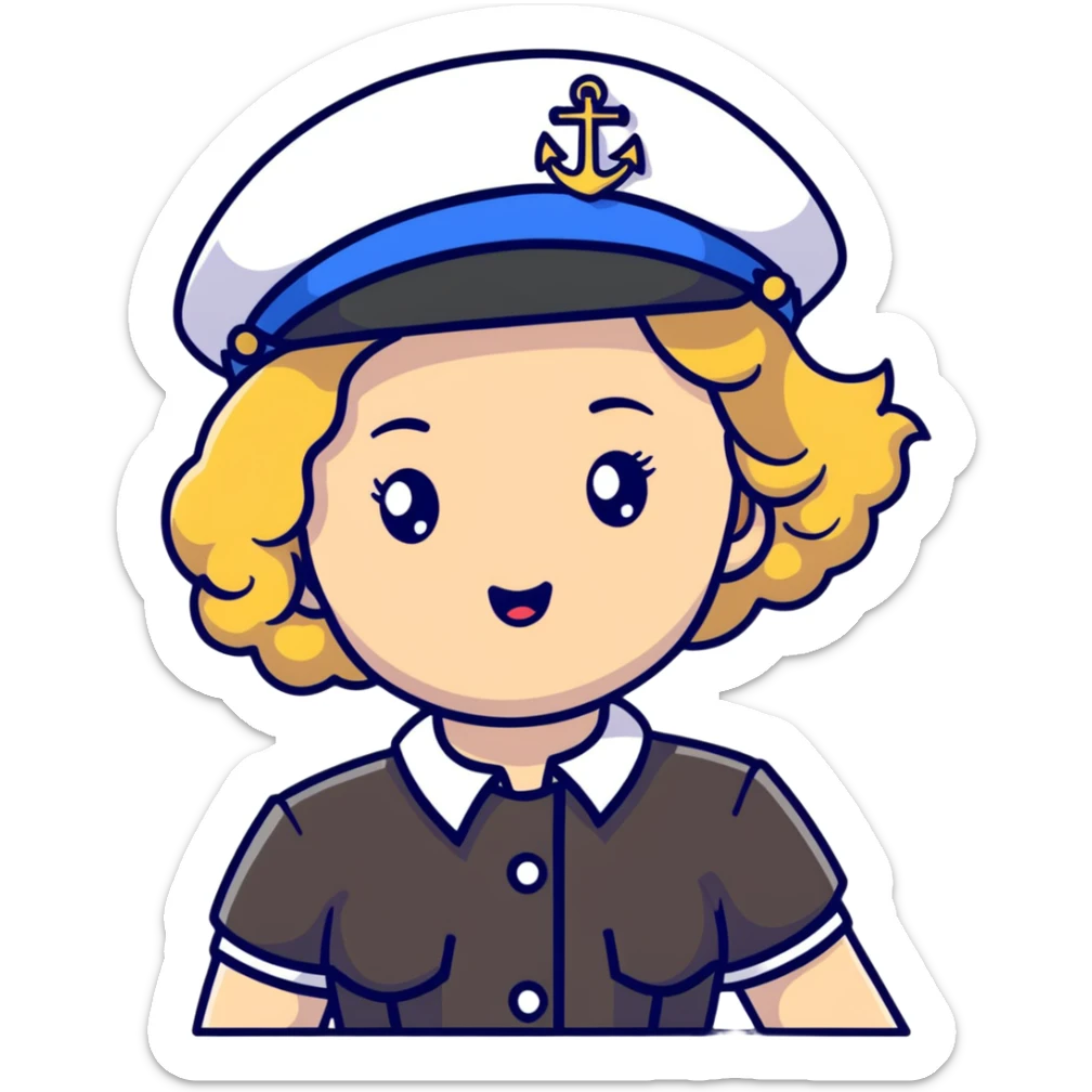 girl with curly dirty blonde hair, cruise captain, confused questioning face sticker