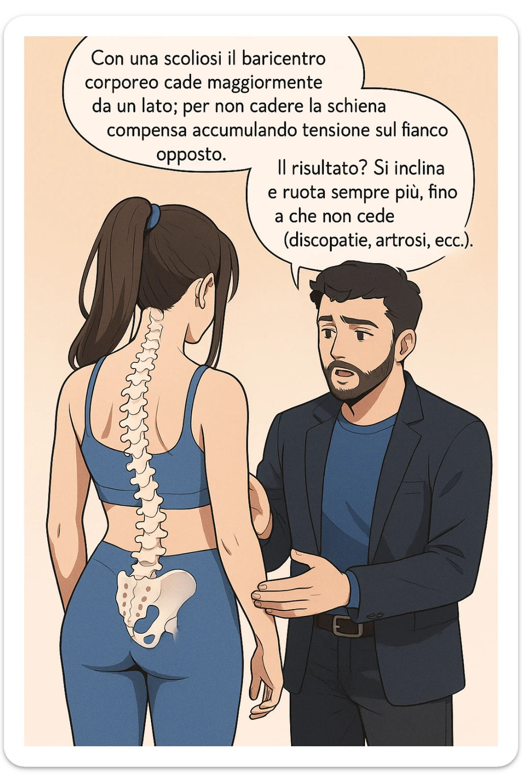 fai questa immagine in versione manga/webtoon a colori, il manga mostra la donna di spalle, mentre l'uomo le tocca la spina dorsale per spiegarle come funziona la scoliosi:
Con una scoliosi il baricentro corporeo cade maggiormente da un lato; per non cadere la schiena compensa accumulando tensione sul fianco opposto.
Il risultato? Si inclina e ruota sempre più, fino a che non cede (discopatie, artrosi, ecc) sticker