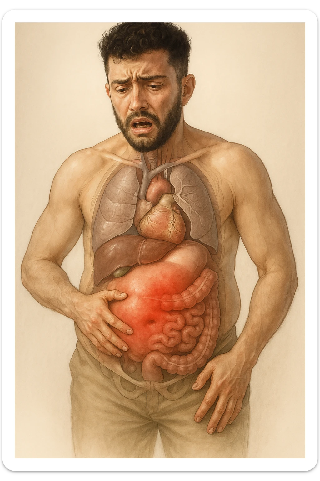 Uomo con dolore per via del suo gonfiore alla pancia vista anatomica immagine realistica in 3D sticker