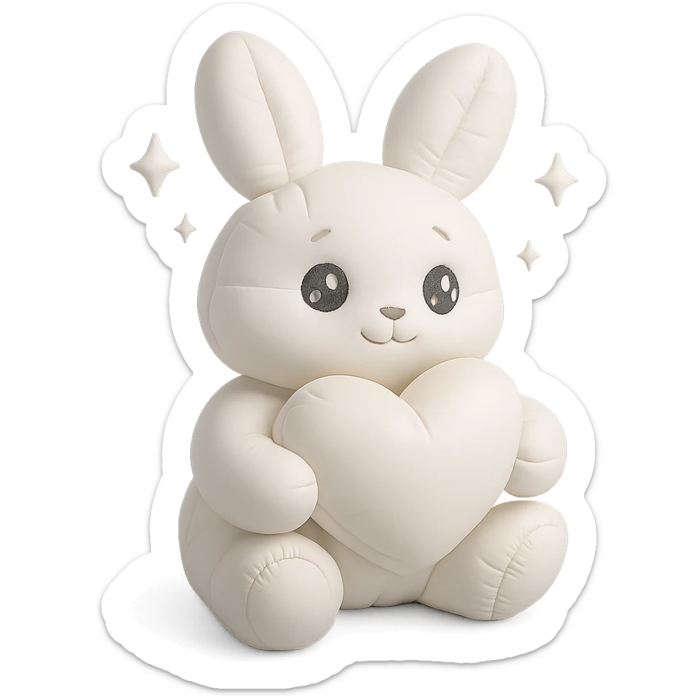 full-body milky white bunny with sparkling eyes, holding a big heart, sparkles floating around, dreamy pose, cushion style sticker