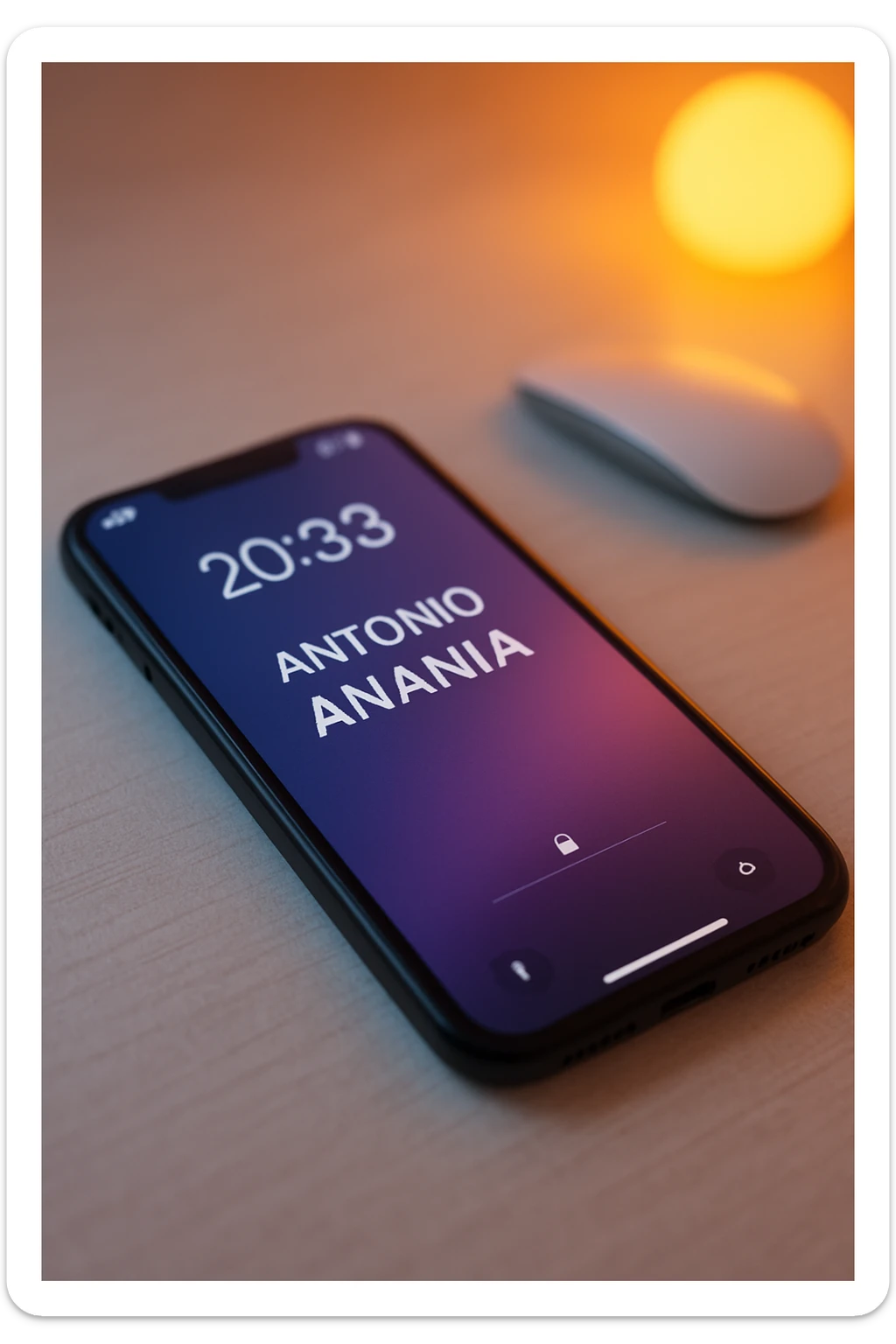 A photo of an iPhone on the desk with the message "Antonio Anania" on its screen, The phone sits atop a desk with a blurred background that suggests work environment. A faint glow from above casts gentle shadows across the surface of each object, creating depth and highlighting their textures sticker