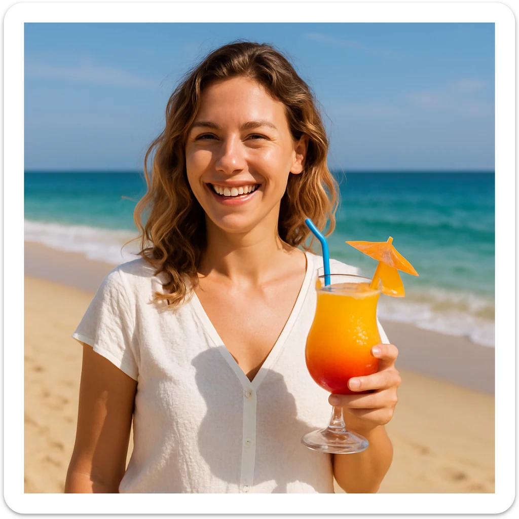 take this picture of a woman and make it  beach photo with drink sticker