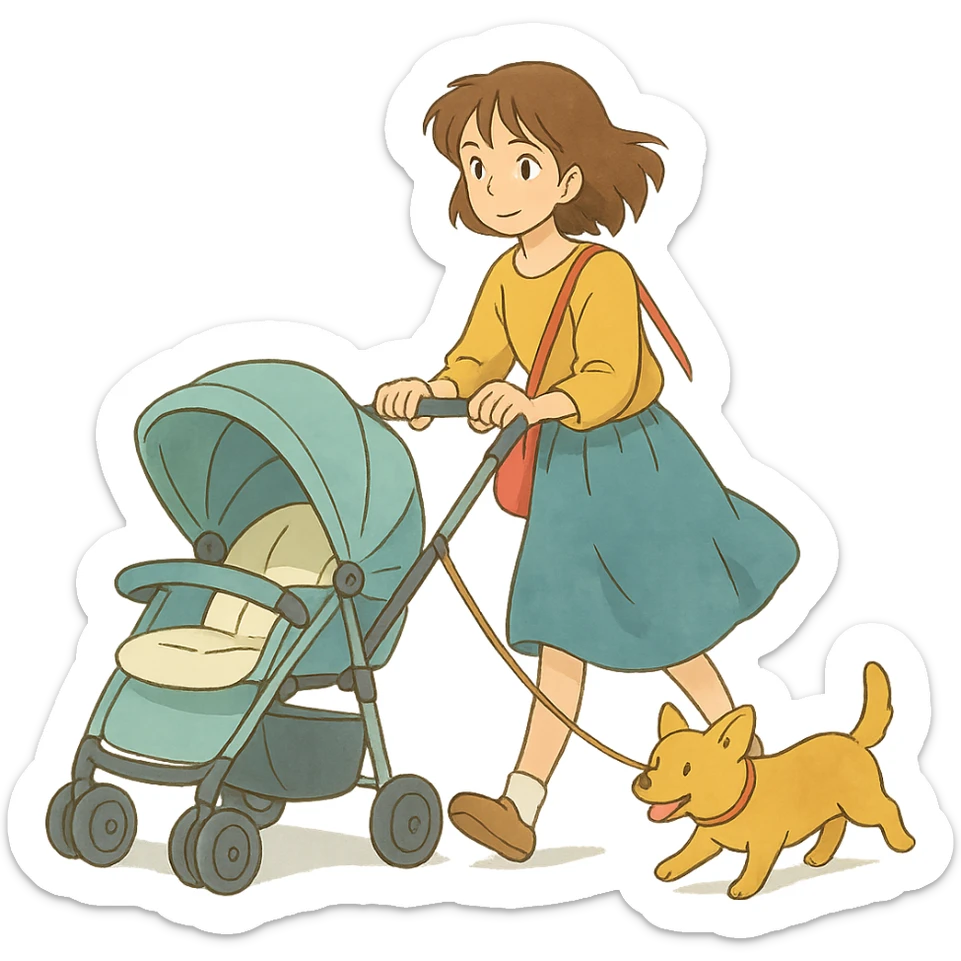 ghibli style girl walking with a stroller and dog on a leash, soft colors sticker