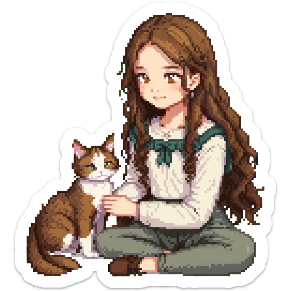 a girl with long wavy brown hair and brown eyes petting a cat, pixel art style sticker